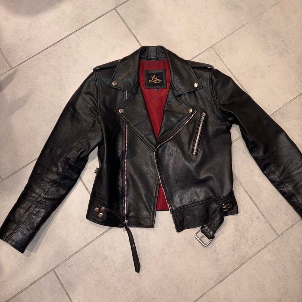 Leather Moto Jacket with Red Lining